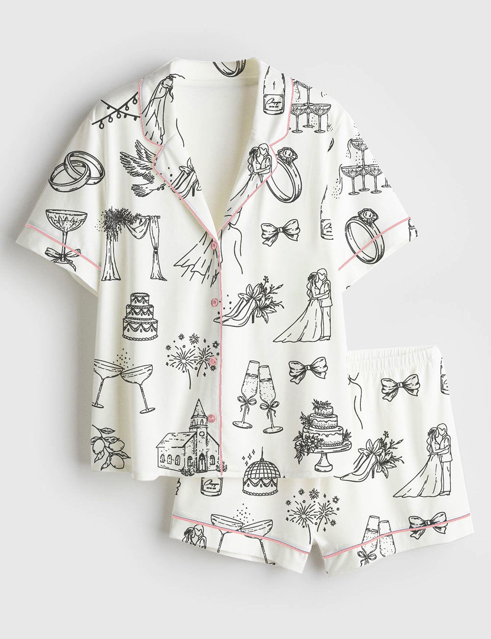 Women’s Hand Drawn Wedding Icons Champagne Wedding Timeline Print Short Sleeve Satin Pajama Set