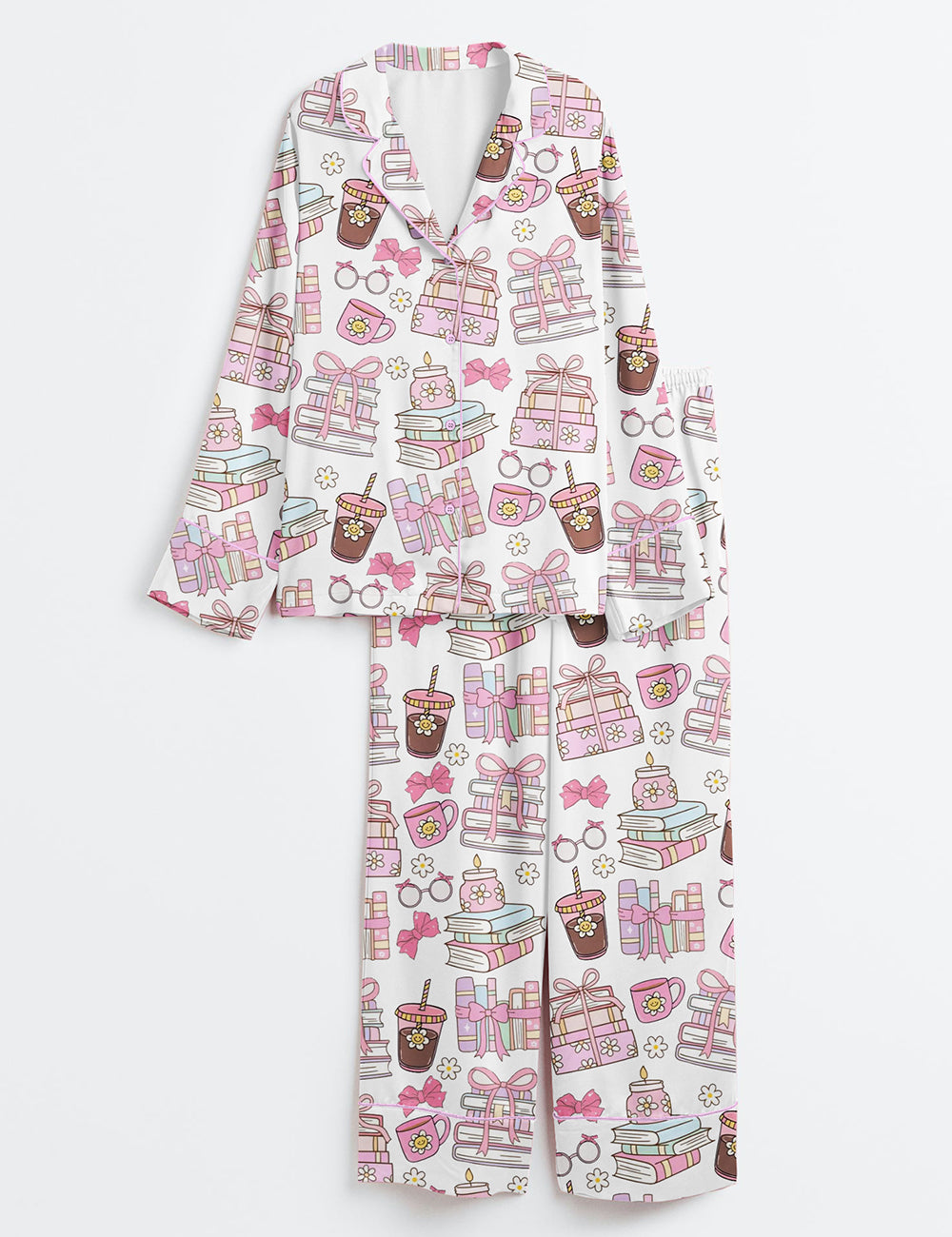 Women’s Books Coffee Bookish Girly Long Sleeve Satin Pajama Set