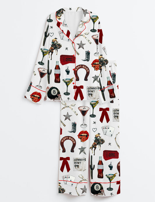 Women’s Admit Nothing Western Cowboy Long Sleeve Satin Pajama Set