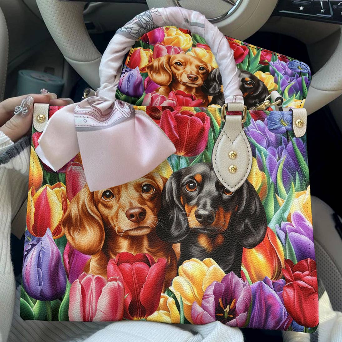 Dachshund Leather Bag Tulip Garden