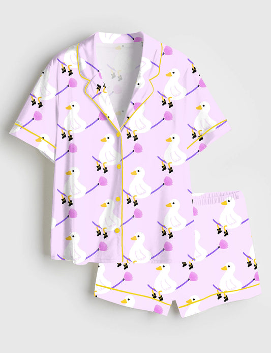 Women’s Halloween Goose Witch Cat Spooky Short Sleeve Satin Pajama Set