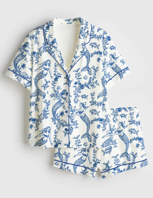 Women’s Mermaids Toile de Jouy Print Short Sleeve Satin Pajama Set