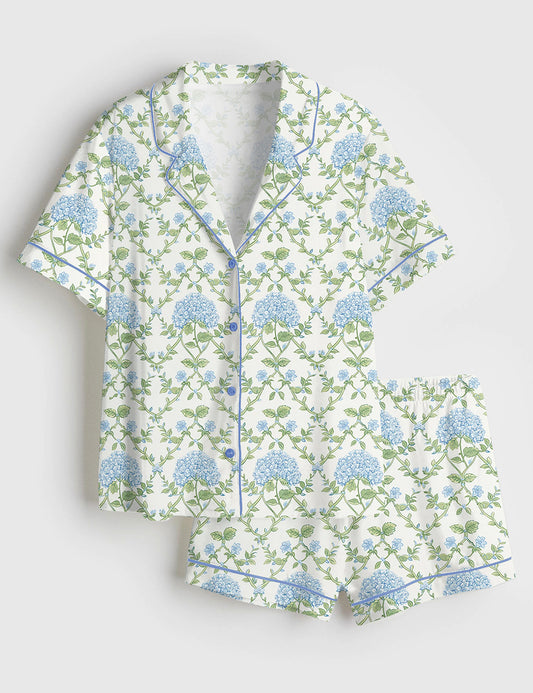 Women’s Blue And Green Hydrangea Short Sleeve Satin Pajama Set