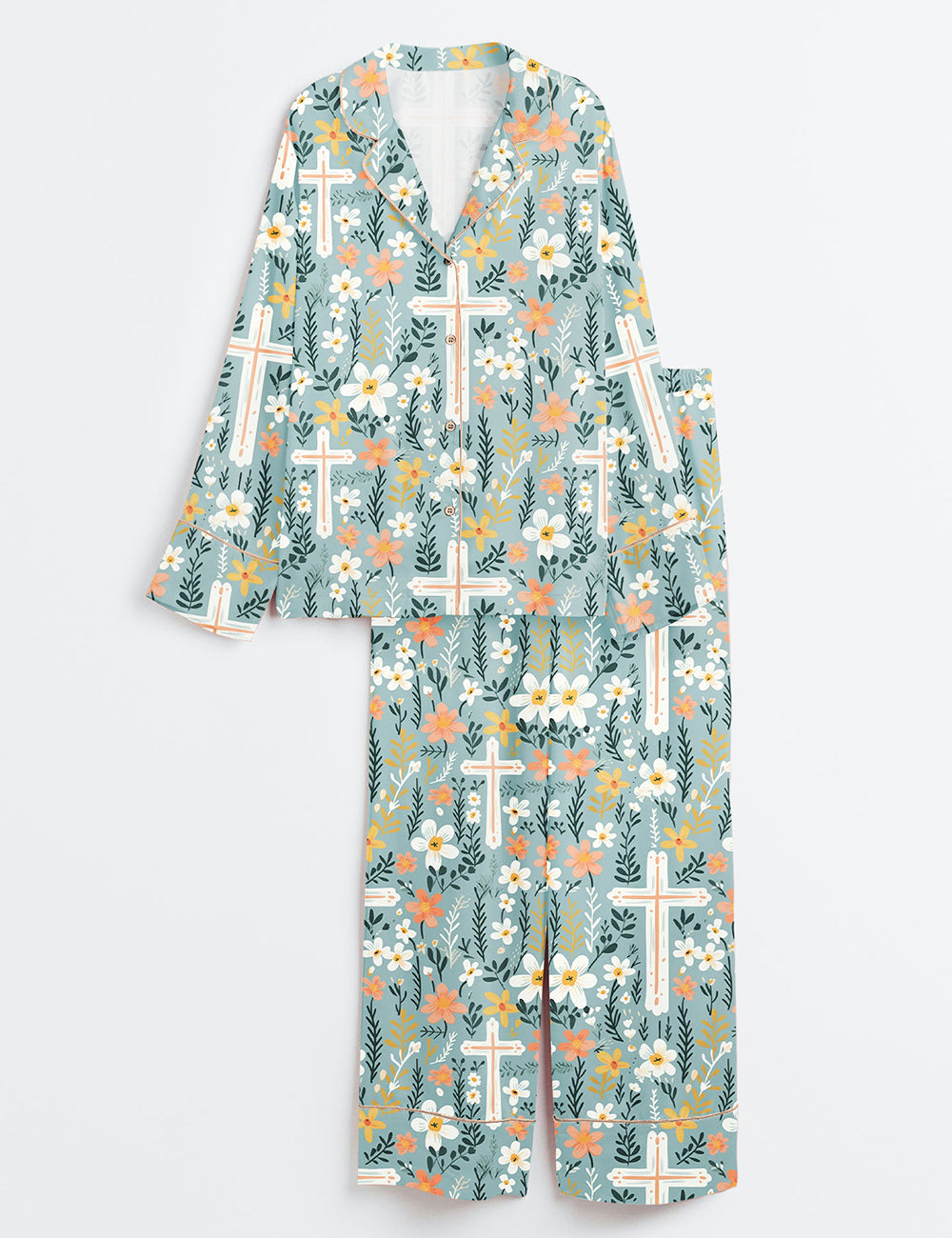 Women's Christian Cross Easter Long Sleeve Satin Pajama Set