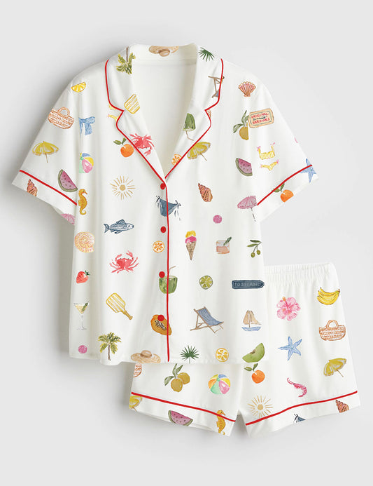 Women’s Seaside Treasures Summer Beach Short Sleeve Satin Pajama Set