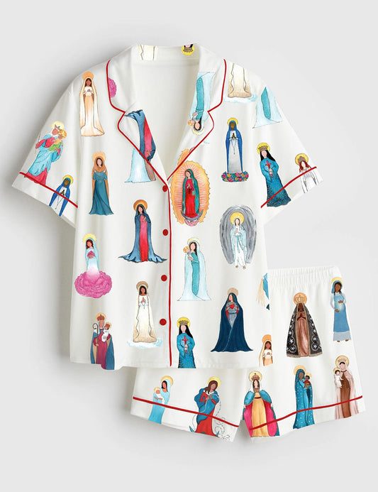 Women's Our Lady of Guadalupe Catholic Jesus Short Sleeve Satin Pajama Set