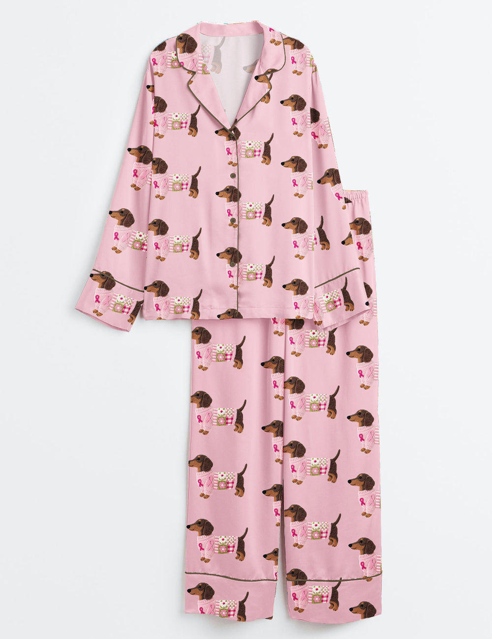 Women’s Dachshund In Pink Clothes Breast Cancer Awareness Long Sleeve Satin Pajama Set