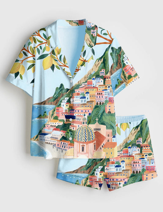Women’s Positano Italy Travel Amalfi Coast Italy Roma Summer Beach Print Short Sleeve Satin Pajama Set