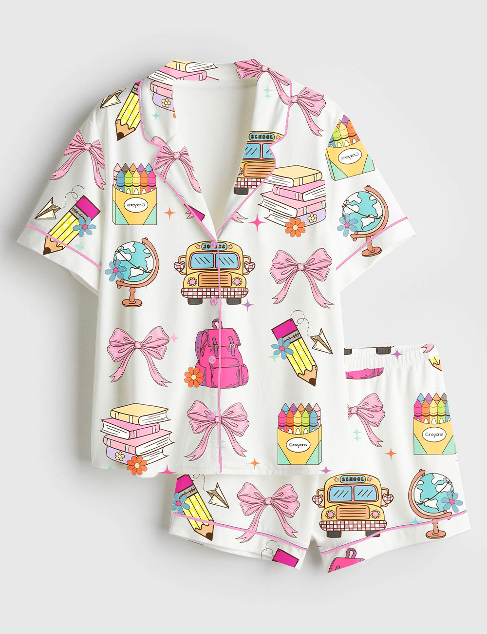 Women’s Cute Back To School Girls Coquette Pencil School Bag And Books Print Short Sleeve Satin Pajama Set