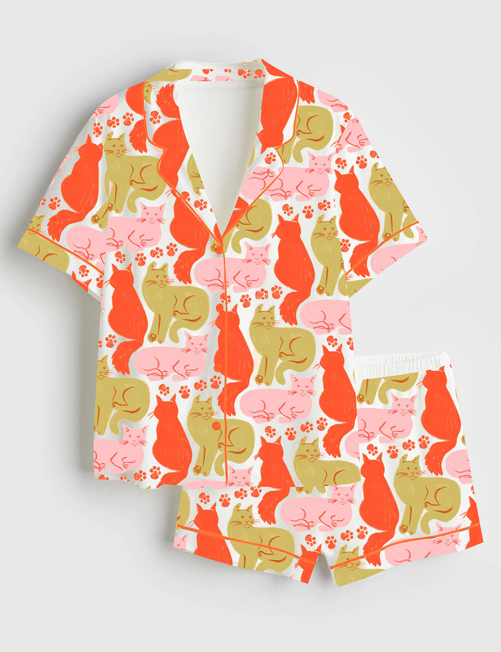 Women’s Colorful Cute Cat Short Sleeve Satin Pajama Set