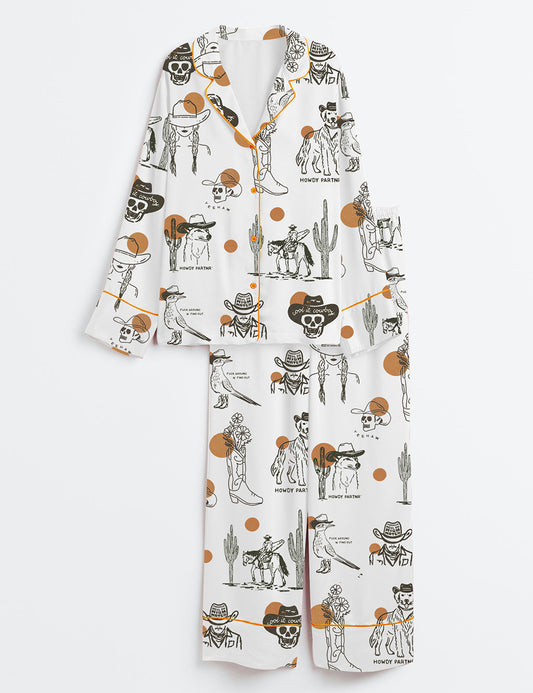 Women’s Western Cowboy Art Long Sleeve Satin Pajama Set