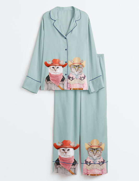 Women’s Cowboy Cats Funky Western Long Sleeve Satin Pajama Set