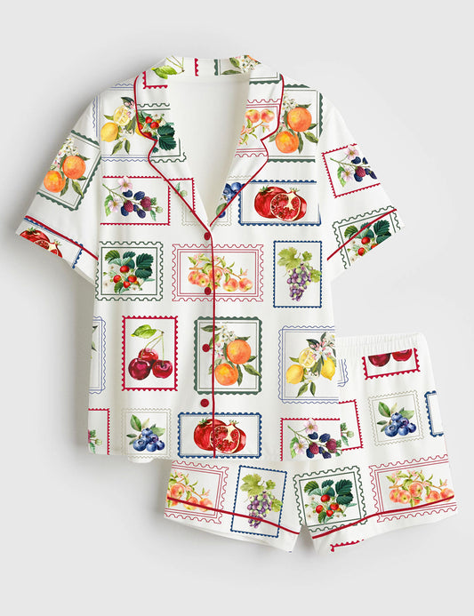 Women’s Summer Fruit Farmer's Market Cottage Core Gardening Short Sleeve Satin Pajama Set