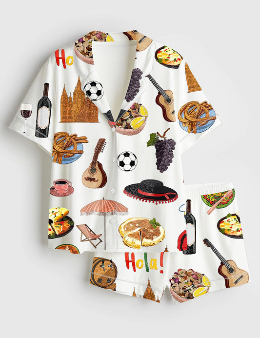 Women’s Spain Europe Travel Planner Short Sleeve Satin Pajama Set