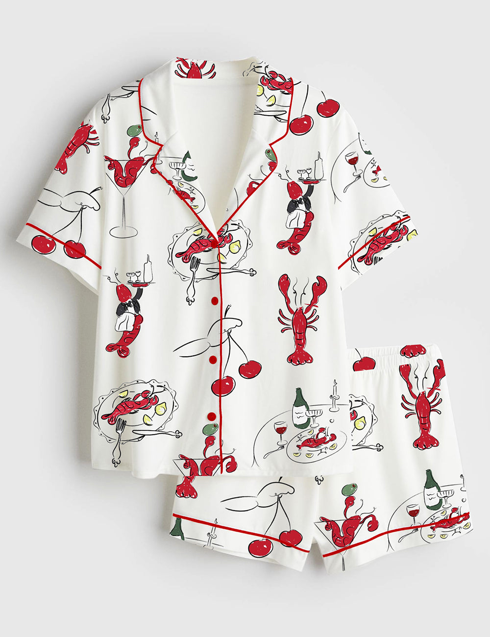 Women’s Hand Drawn Lobster Whimsical Art Icon Wedding Menu Crayfish Crawfish Print Short Sleeve Satin Pajama Set