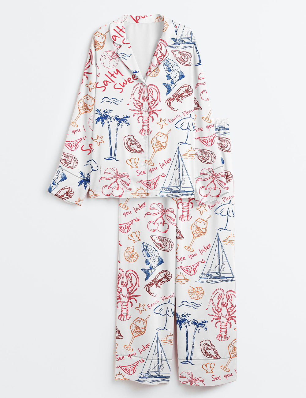 Women’s Salty But Sweet Retro Summer Coastal Beach Aesthetic Summer Cocktail Sea Food Lobster Print Long Sleeve Satin Pajama Set