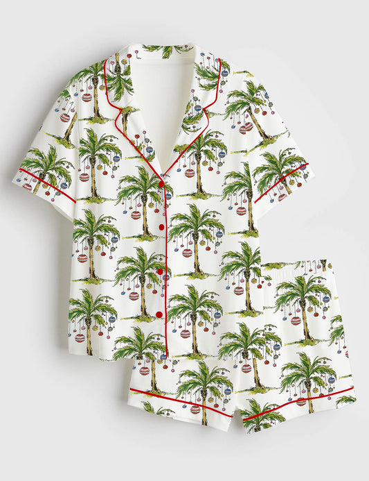 Women’s Christmas Palm Tree Short Sleeve Satin Pajama Set