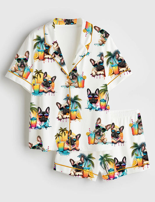 Women’s French Bulldog Cute Frenchie Head Summer Beach Cold Beer Alcohol Print Short Sleeve Satin Pajama Set