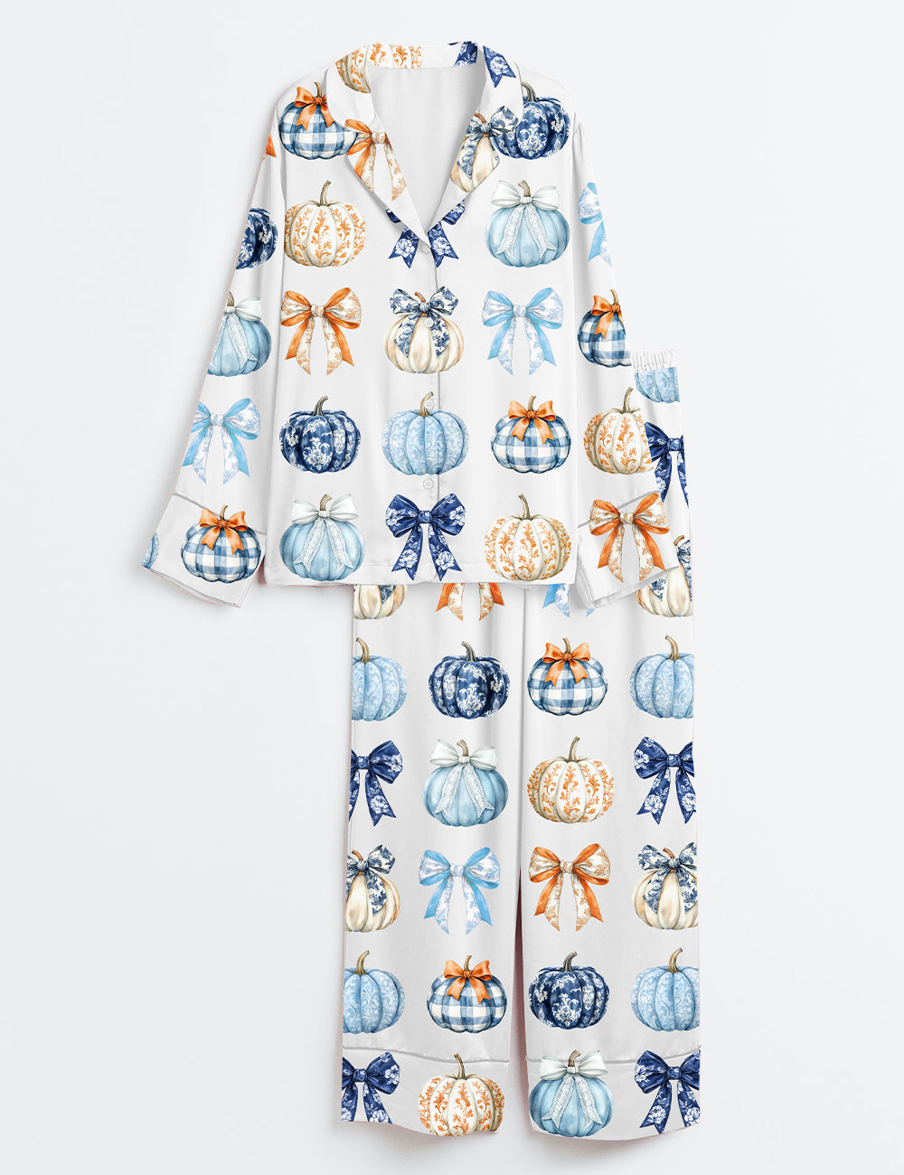 Women’s Watercolor Pumpkins And Bows Clipart Blue Toile Pumpkins Fall Gingham Pumpkins Long Sleeve Satin Pajama Set