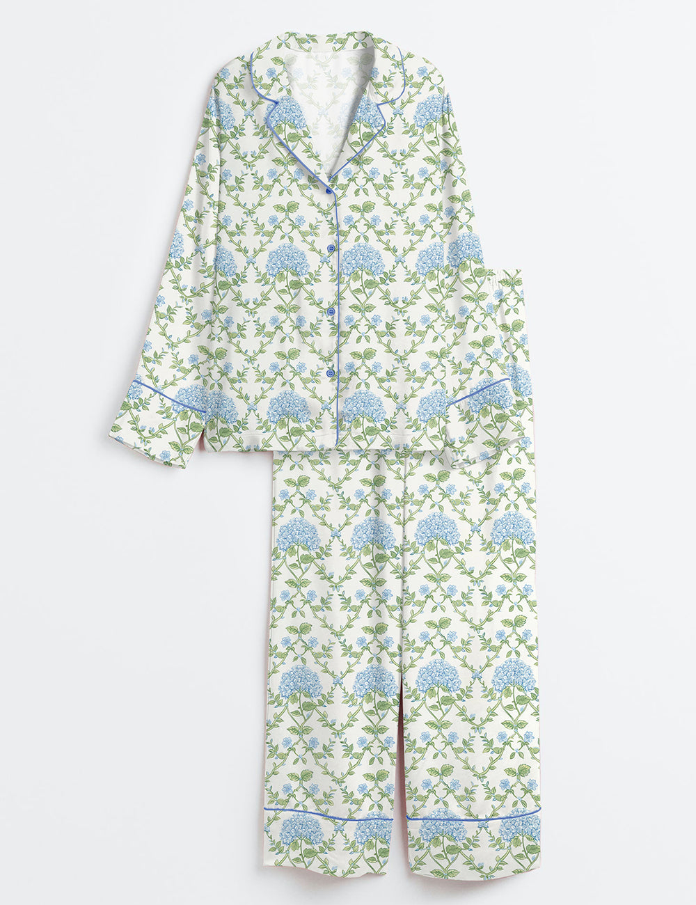 Women’s Blue And Green Hydrangea Long Sleeve Satin Pajama Set