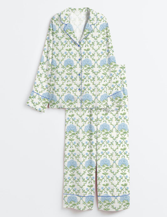 Women’s Blue And Green Hydrangea Long Sleeve Satin Pajama Set
