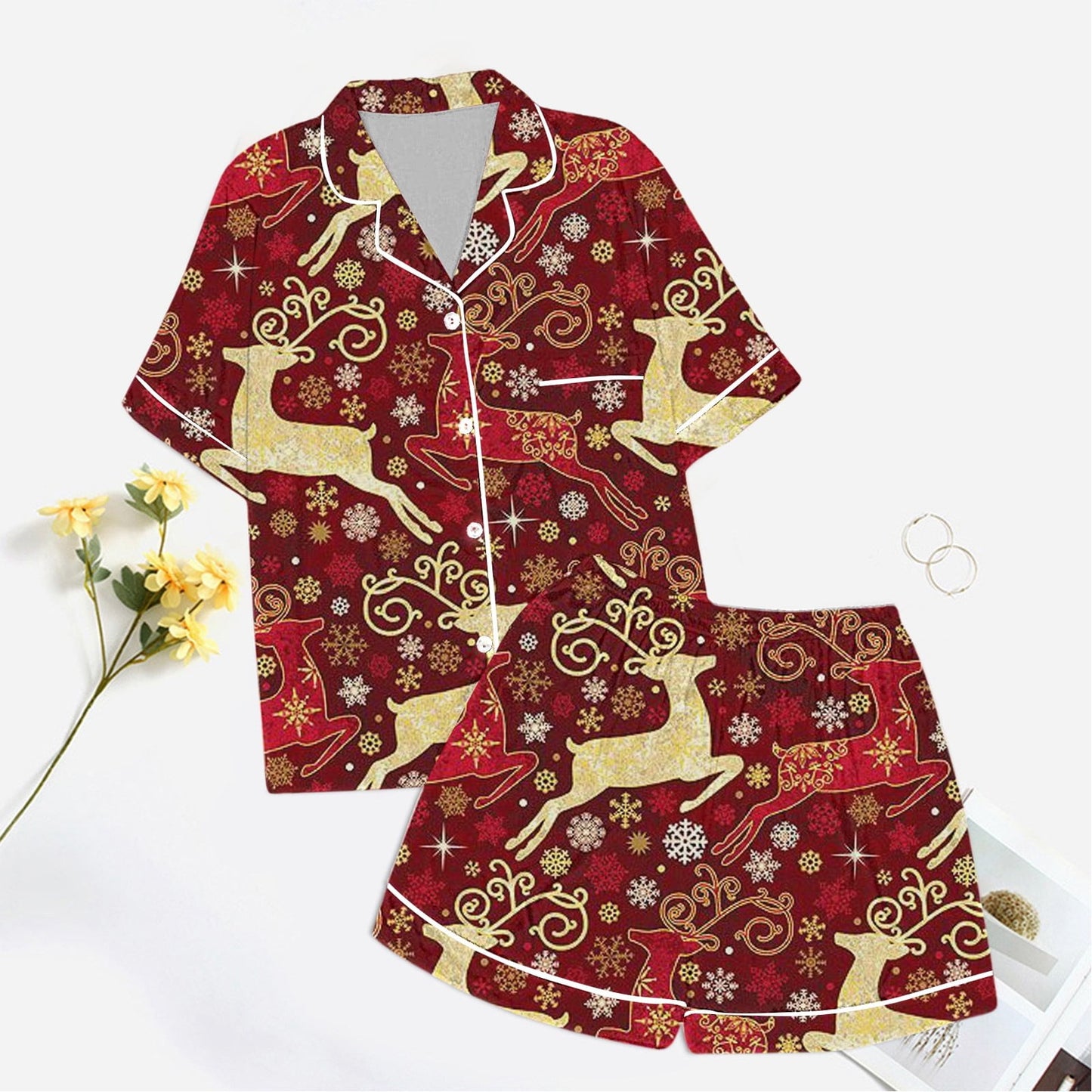 Pajamas for Women Set Ladies Christmas Checkered Printed Silk Satin Short Sleeve Button Red Women's Sleepwear M