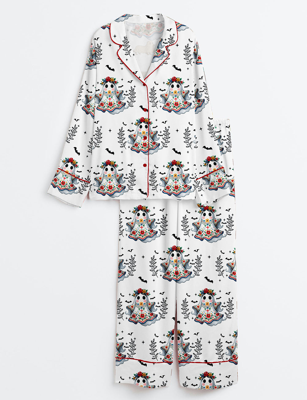 Women’s Espooky Vibes Spooky Ghost Halloween Dia de los Muertos Floral Ghost Long Sleeve Satin Pajama Set
