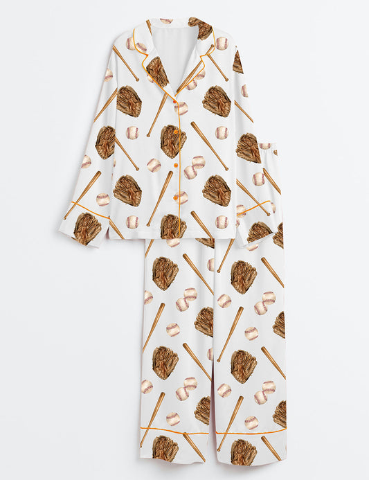 Women’s Baseball Glove And Ball Long Sleeve Satin Pajama Set