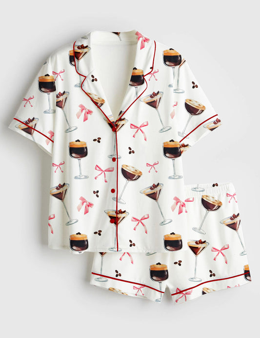 Women’s Espresso Martini Coffee Lover Cute Pink Coquette Bow Cocktail Print Short Sleeve Satin Pajama Set