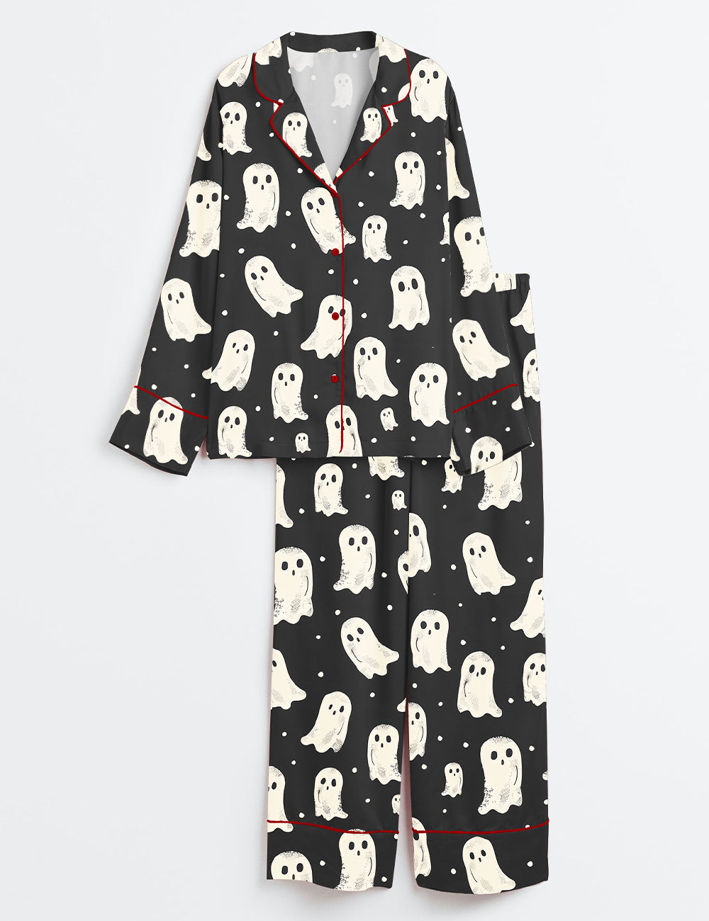 Women’s Halloween Cute White Ghosts Spooky Long Sleeve Satin Pajama Set