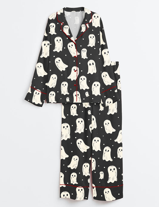 Women’s Halloween Cute White Ghosts Spooky Long Sleeve Satin Pajama Set