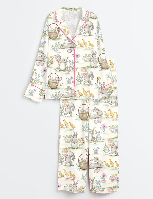 Women’s Watercolor Easter Bunnies Long Sleeve Satin Pajama Set