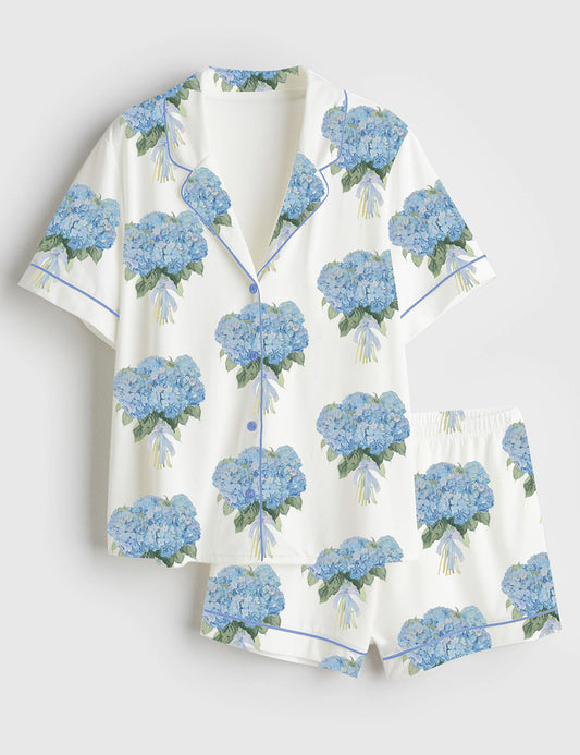 Women’s Blue Hydrangea Short Sleeve Satin Pajama Set