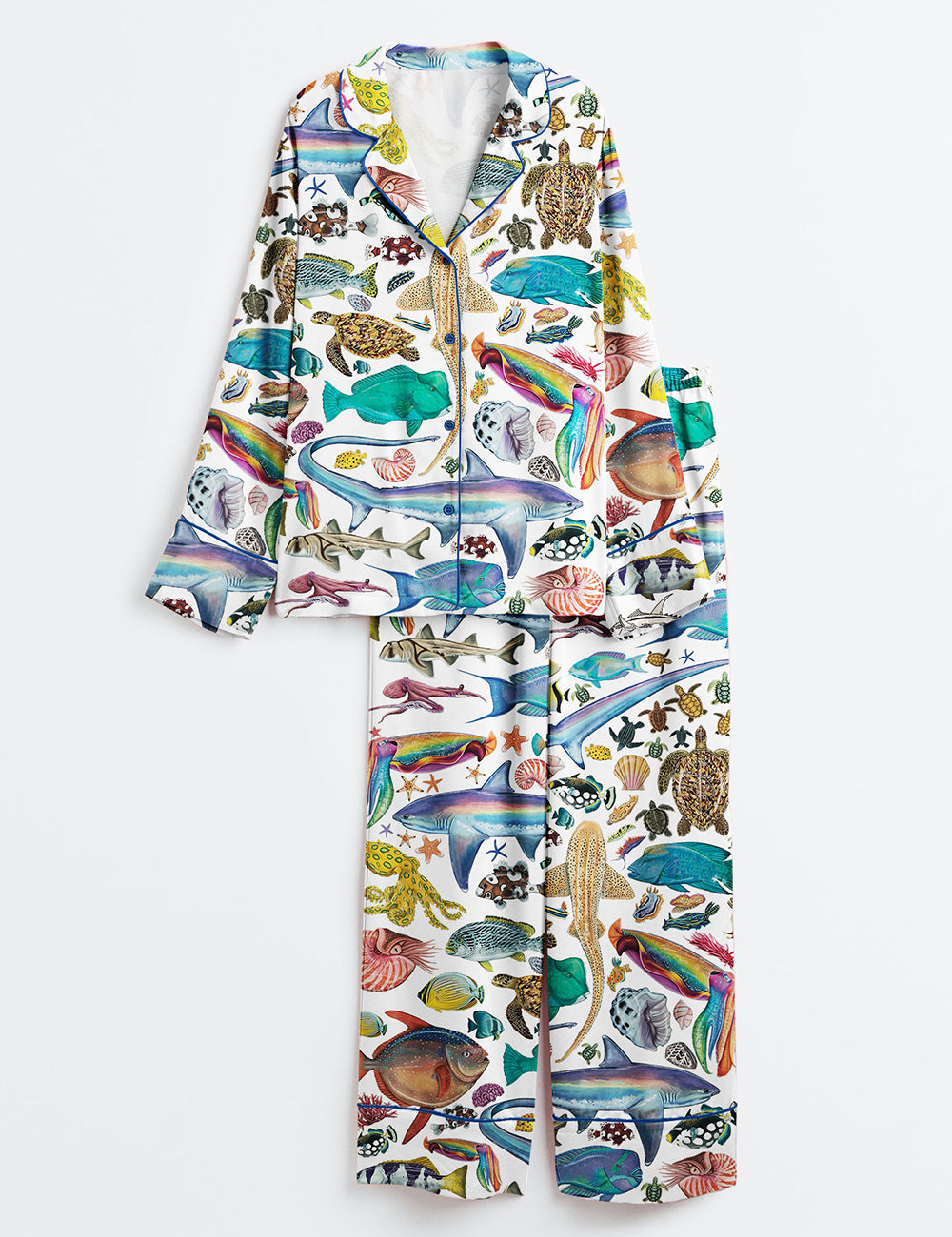 Women's Colourful Creatures Print Ocean Beach Long Sleeve Satin Pajama Set