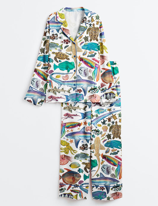 Women's Colourful Creatures Print Ocean Beach Long Sleeve Satin Pajama Set
