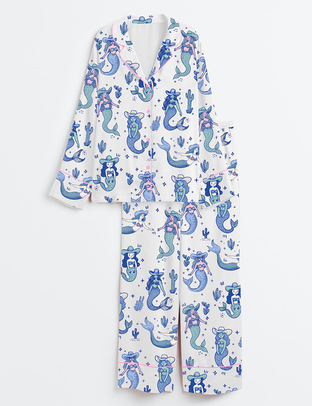 Women’s Mermaid Western Cowgirls Coastal Bachelorette Party Mermaid Print Long Sleeve Satin Pajama Set