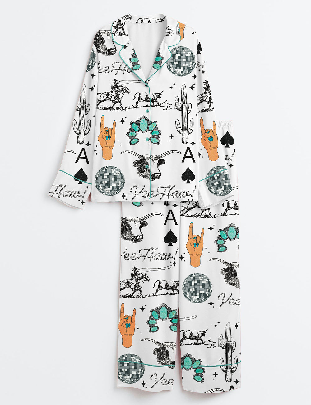 Women’s Western Things Sublimation Cowgirl Spade Rodeo Western Print Long Sleeve Satin Pajama Set