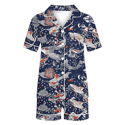 Simua Button Dowm Pajamas for Women, Women's Fashionable Print Short Sleeved Lapel Shirts with Shorts Summer Soft Home Wear Set, Size S-XXL