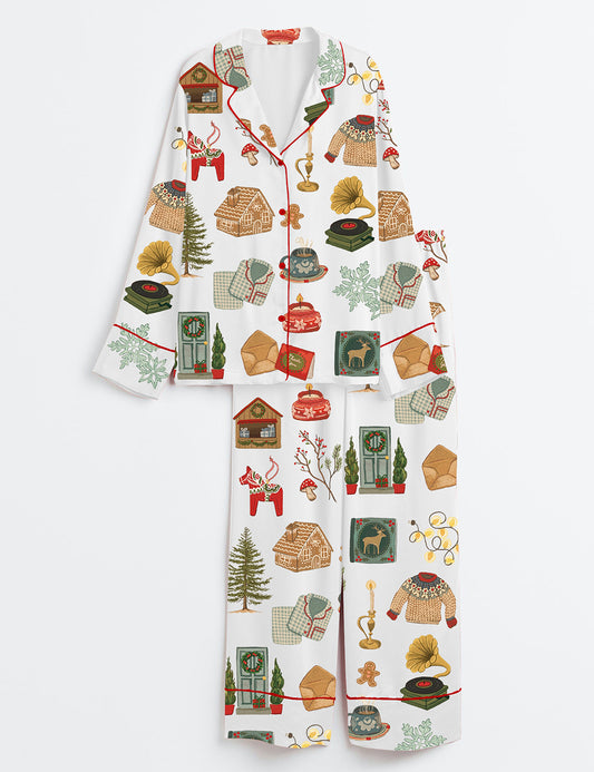Women’s Christmas Lights Cookies Winter Sweater Elk Snowflakes Hot Cocoa Christmas Decorations Christmas Trees Gifts Long Sleeve Satin Pajama Set