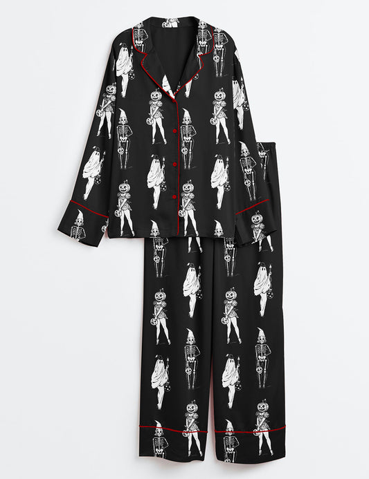 Women’s Halloween Spooky Girl Squad Skeleton Ghost Pumpkin Witchy Print Long Sleeve Satin Pajama Set