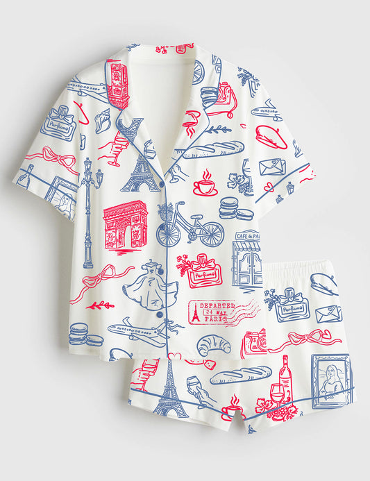 Women’s Paris Whimsical French Parisian Symbols Short Sleeve Satin Pajama Set