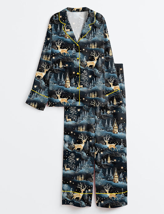 Women’s Christmas Blue Wonderland Long Sleeve Satin Pajama Set