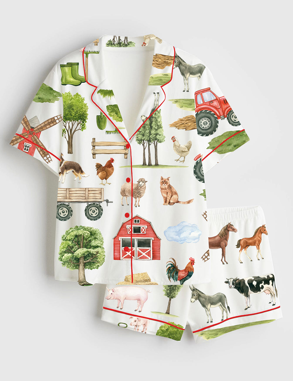 Women’s Farm Animals Mill Horse Cow Pig Chickens Donkey Sheep Trees Tractor Barn Short Sleeve Satin Pajama Set