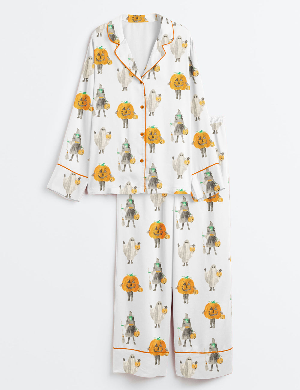 Women’s Witchy Halloween Spooky Pumpkin Aesthetics Witchy Halloween Witch Print Long Sleeve Satin Pajama Set