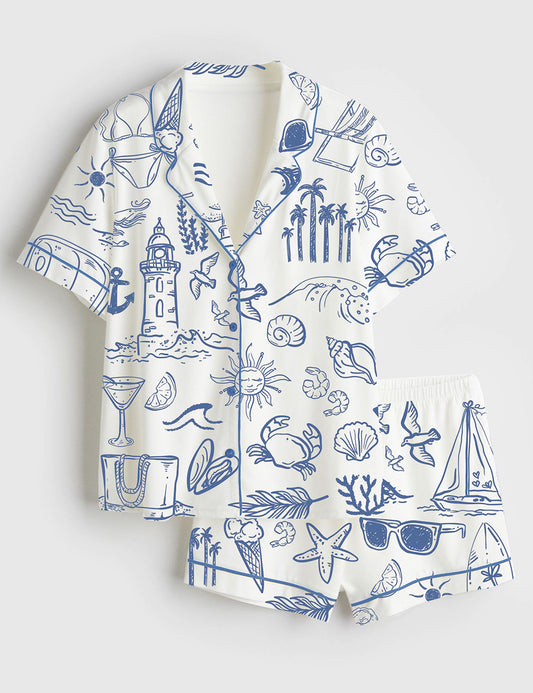 Women's Coastal Whimsical Style Summer Beach Bachelorette Short Sleeve Satin Pajama Set