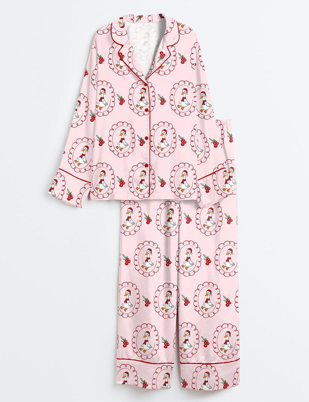 Women’s Just A Christmas Silly Goose Holiday Festive Celebration Christmas Goose Print Long Sleeve Satin Pajama Set