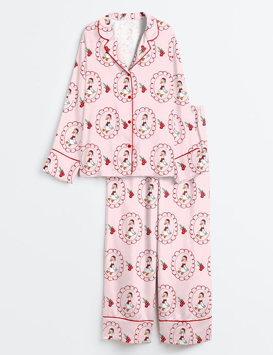 Women’s Just A Christmas Silly Goose Holiday Festive Celebration Christmas Goose Print Long Sleeve Satin Pajama Set