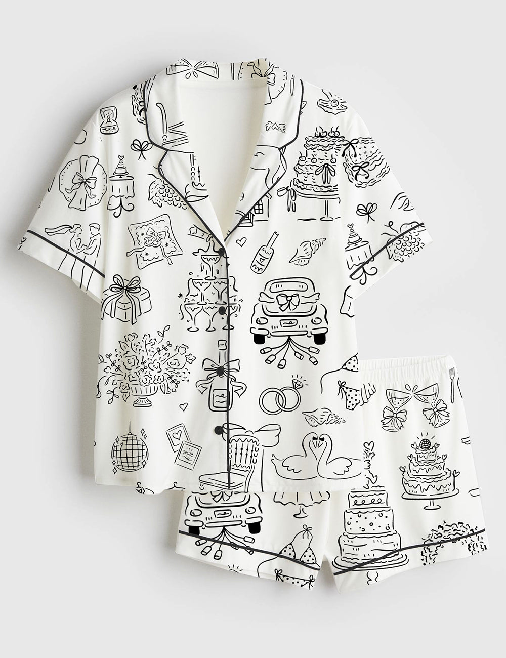 Women’s Hand Drawn Whimsical Wedding Illustrations Short Sleeve Satin Pajama Set