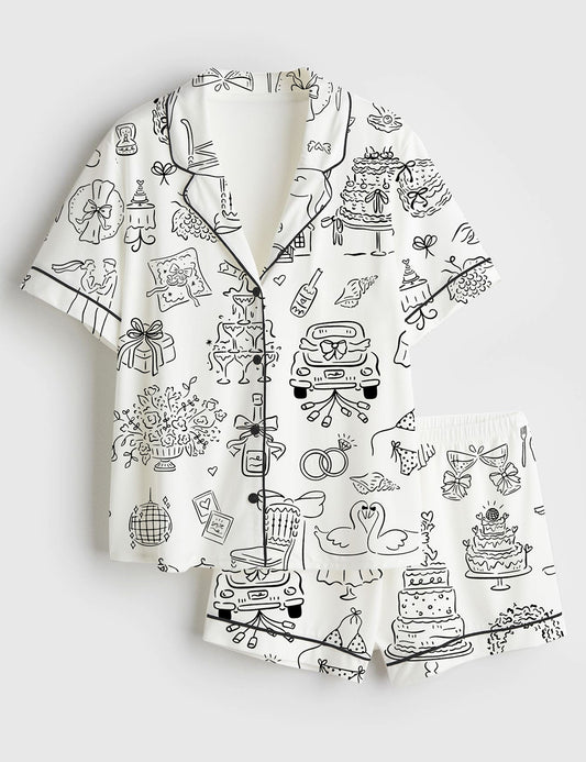 Women’s Hand Drawn Whimsical Wedding Illustrations Short Sleeve Satin Pajama Set