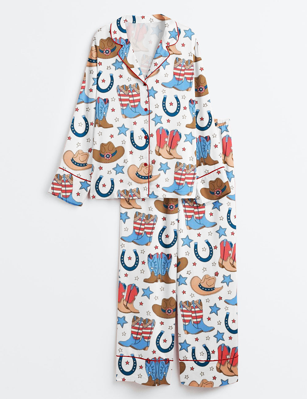 Women’s Fourth Of July Red White Blue USA Flag America Western Cowboy Boots Patriotic Cowboy Long Sleeve Satin Pajama Set